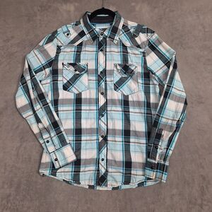 BKE shirt mens Medium Athletic Fit blue‎ black gray white L/S Pearl Snap